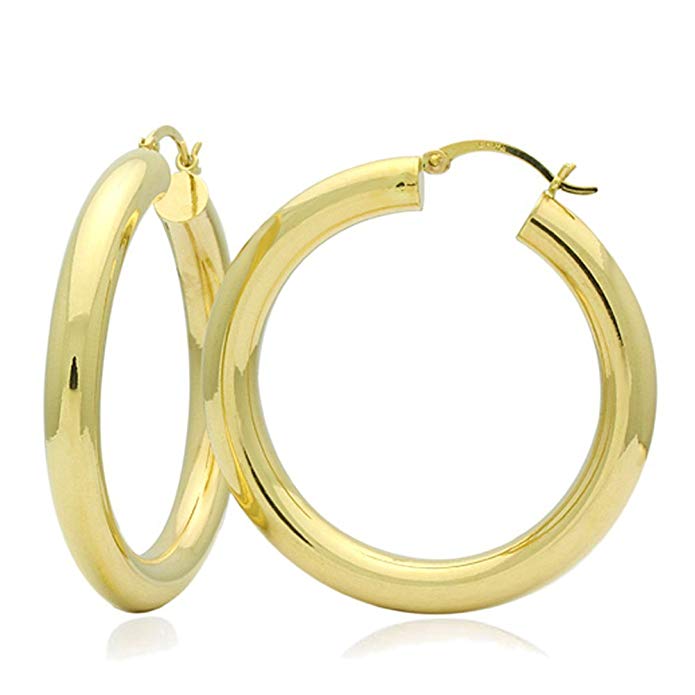 14K Yellow Gold 4mm width Plain Hollow Gold Round Tube Hoop Earrings (Other Sizes)