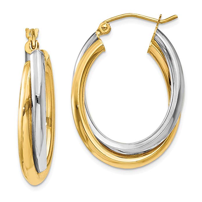 14k Two Tone Gold 0.6IN Long Polished Double Oval Hoop Earrings