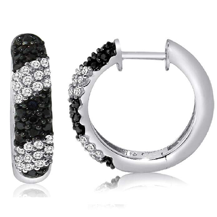 Sterling Silver 1/2CTTW Black and White Diamond Hoop Earrings