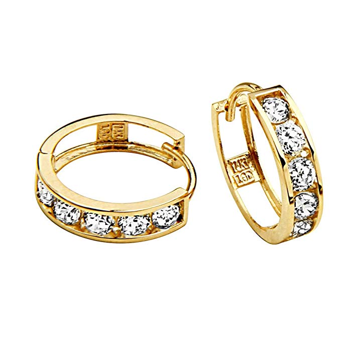 14k Yellow OR White Gold 4mm Thickness CZ Channel Set Hoop Huggie Earrings (15 x 15 mm)