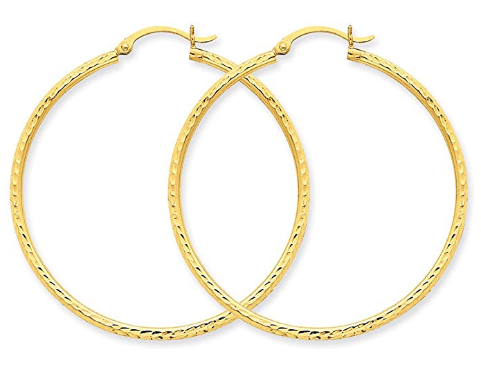 Large Diamond Cut Hoop Earrings in 10K Yellow Gold 1 1/2 inch (2 mm)