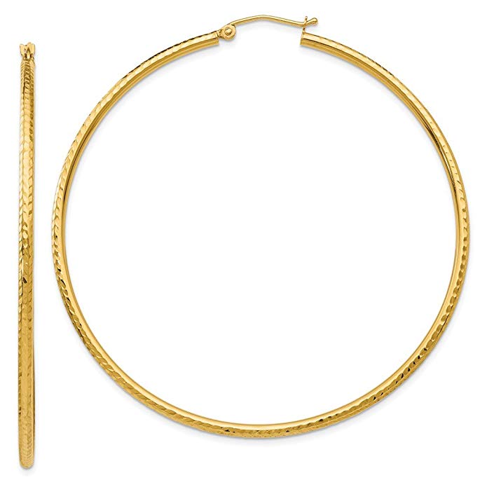 14k Yellow Gold Diamond-cut 2mm Round Tube Hoop Earrings. 60mm Diameter.