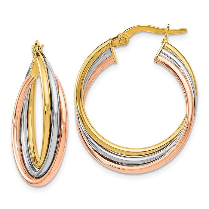 14k Three Tone Gold Polished and Textured Twisted Hoop Earrings (0.8IN x 0.8IN)