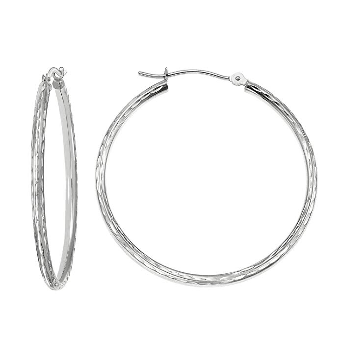 14k Gold Hand Engraved Full Diamond-cut Round Hoop Earrings-35mm Diameter (white-gold)