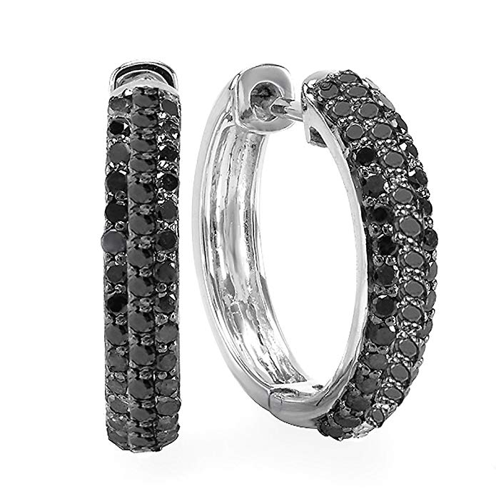 0.65 Carat (ctw) Sterling Silver Black Round Diamond Huggie Hoop Earrings