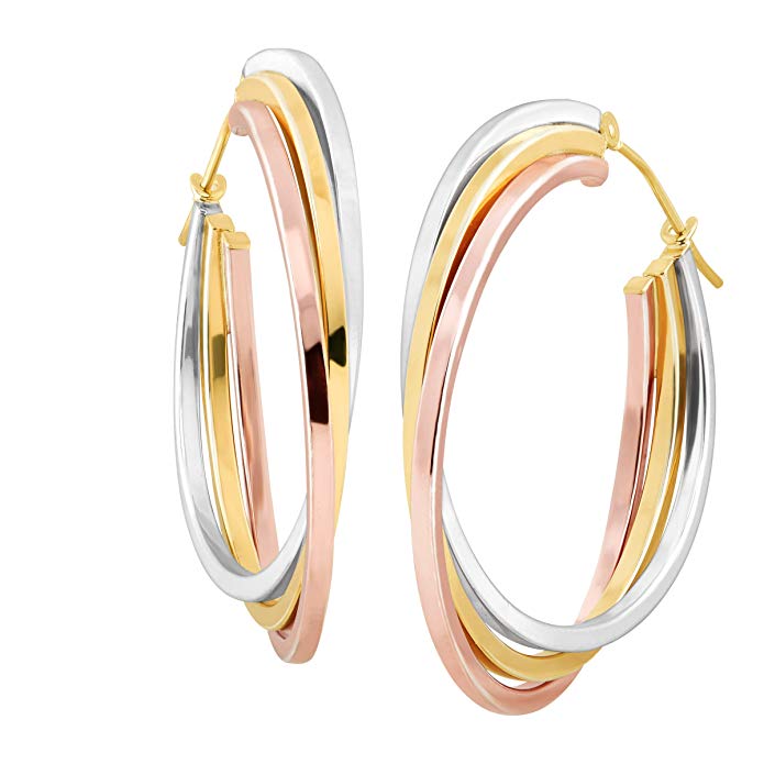 Stacked Three-Tone Hoop Earrings in 14K Yellow & Rose Gold-Bonded Sterling Silver