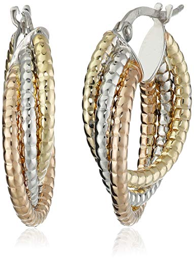 14k Gold Italian Tri-Color Diamond-Cut Trio Overlapping Hoop Earrings