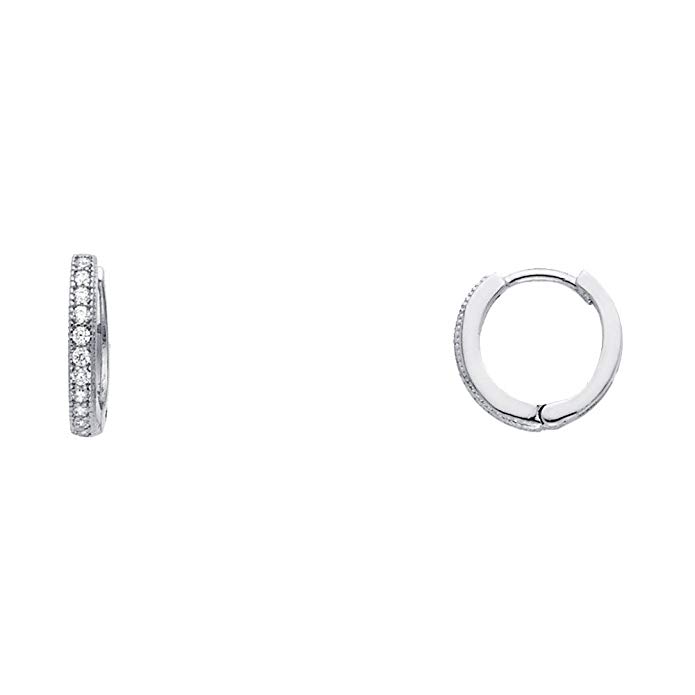 Solid 14k White Gold Huggie Hoop Earrings CZ Small Huggies Round Pave Set Stylish Fancy Tiny 10 mm