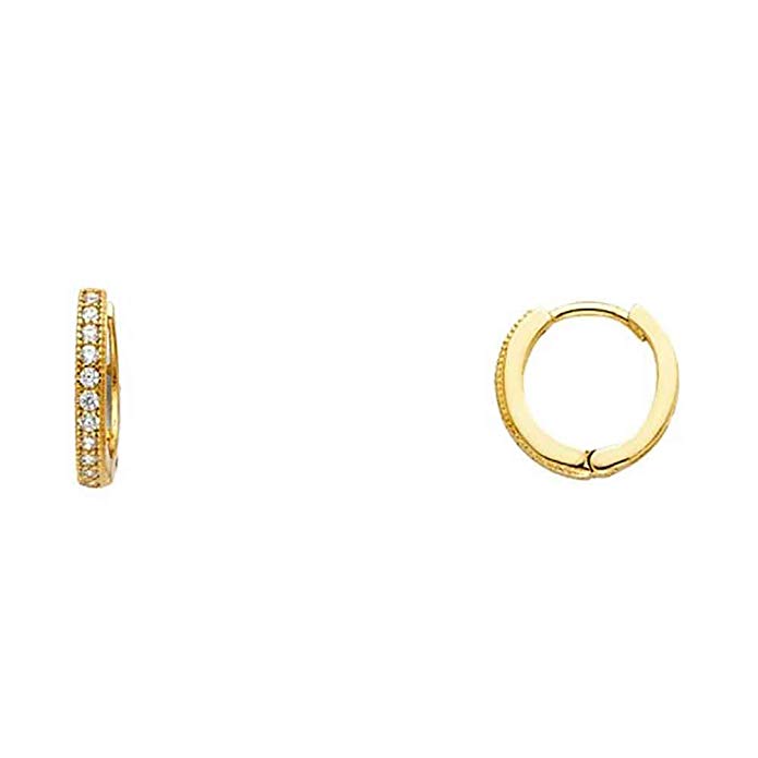 Women's 14k Yellow Gold Round CZ Pave Huggies Small Hoop Earrings (0.39 in x 0.39 in)