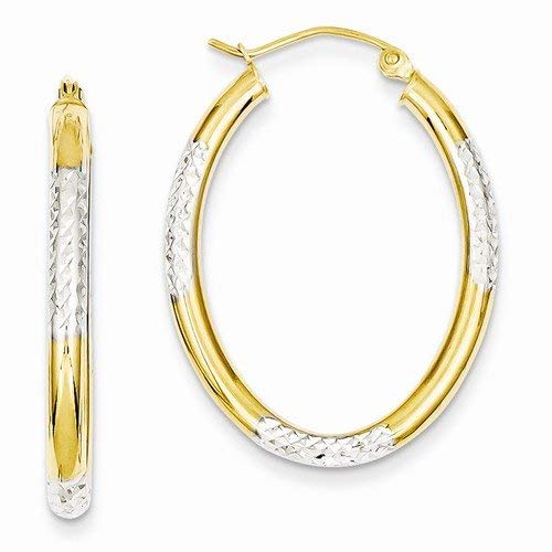 14k Yellow & White Two Tone Gold 3mm Diamond Cut Oval Hollow Hoop Earrings (32mm x 24mm)