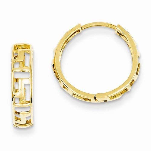 14k Yellow Gold Greek Key Hinged Hoop Huggie Earrings (15mm x 16mm)