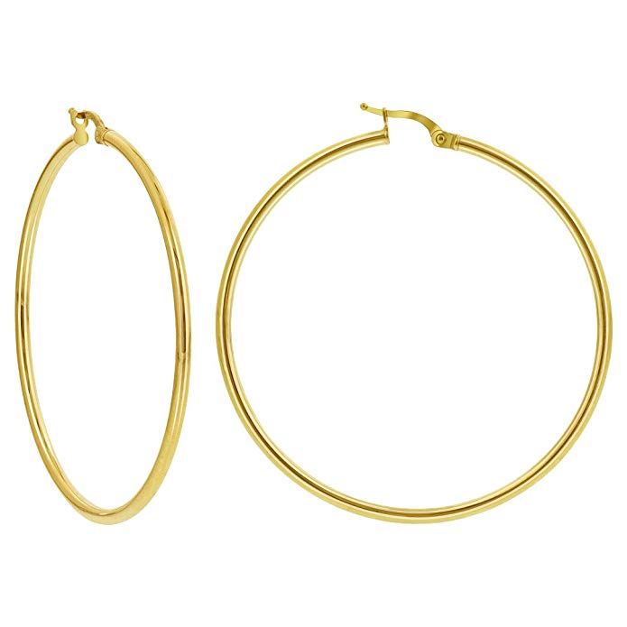 10k Yellow Gold 2mm Everyday Wear Light Weight Hoop Earrings Made in Italy (50mm Diameter)