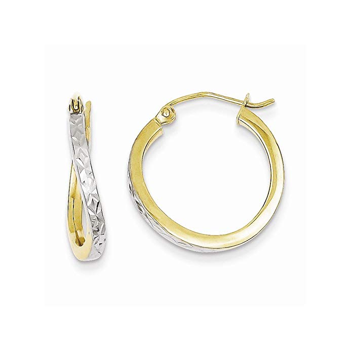 10k & Rhodium Dia-Cut Textured & Wavy Hoop Earrings