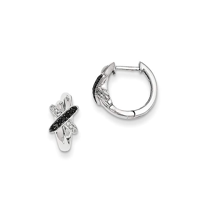 Black & White Diamond X Hinged Hoop Earrings in Sterling Silver 12mm