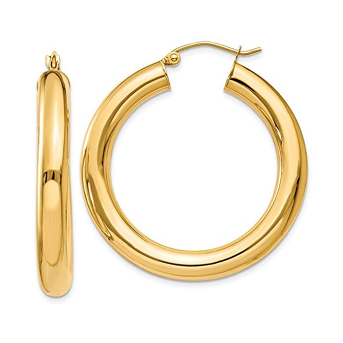 14K Yellow Gold Thick Tube Hoop Earrings with Click-Down Clasp, (5mm Tube)