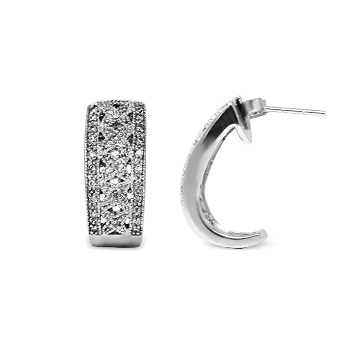 TriJewels Diamond Half Hoop Earrings with Milgrain Work 1/4 Carat tw in 14K White Gold