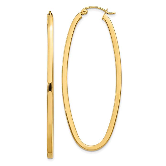 14k Yellow Gold 2mm Large Oval Hoop Earrings. Length 51mm x Width 14mm.