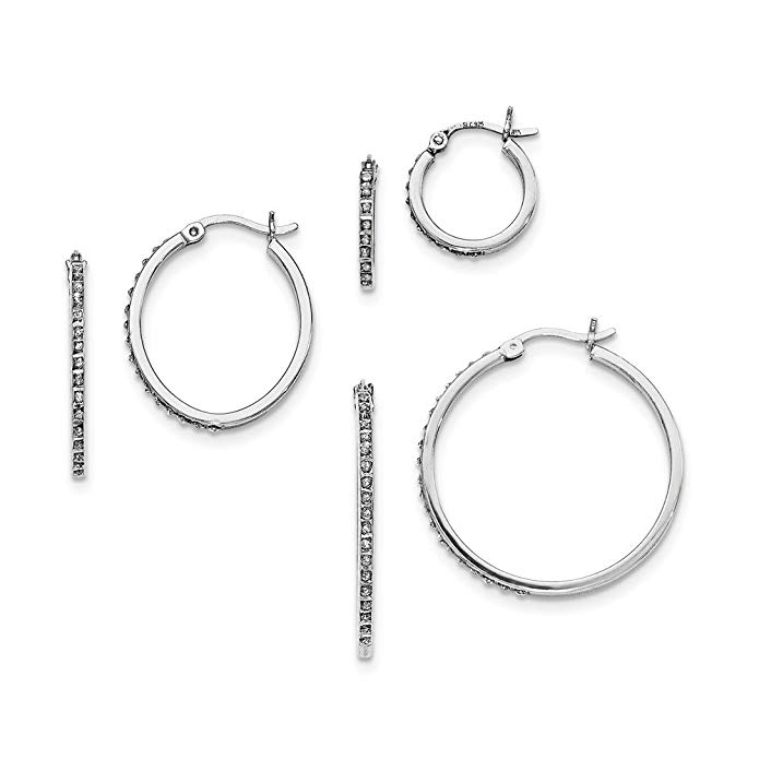 Sterling Silver Polished Gift Boxed Platinum-plated Diamond Mystique Round Hinged Hoop Earrings Set