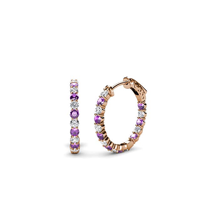 TriJewels Amethyst and Diamond (SI2-I1, G-H) Inside-Out Womens Hoop Earrings 0.75 ctw 14K Gold