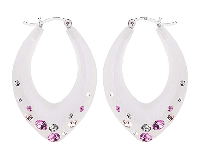 Handcrafted Pink Lucite Click-Top Hoop Earrings with Colorful Crystals