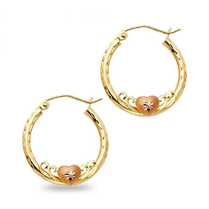 14k Yellow Rose Gold Heart Round Hoop Earrings Diamond Cut Love Fancy Solid Two Tone (Size Options)