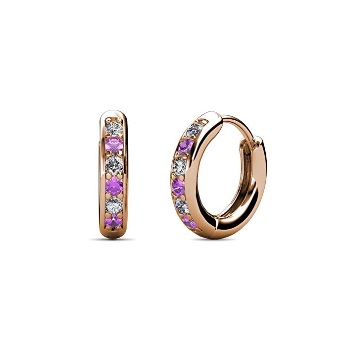 TriJewels Petite Amethyst and Diamond (SI2-I1, G-H) Huggies Hoop Earrings 0.22 Carat tw in 14K Gold