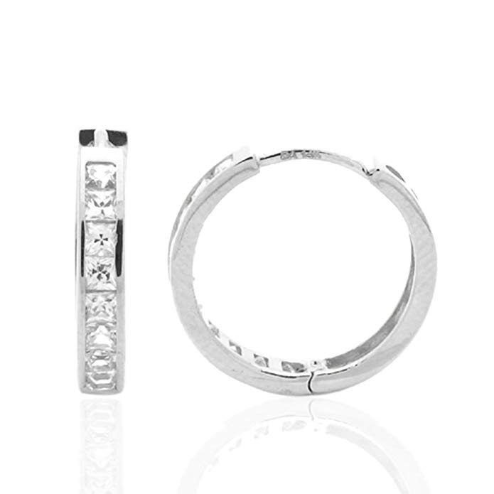 14K White Gold Princess Cut Cubic Zirconia Channel Set Huggie Hoop Earrings