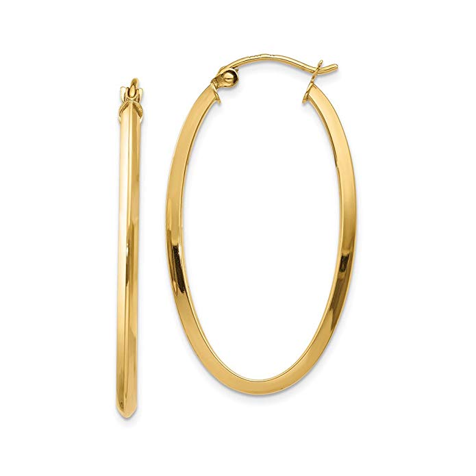 2mm x 35mm (1 3/8 Inch) Polished 14k Yellow Gold Point Edge Oval Hoops