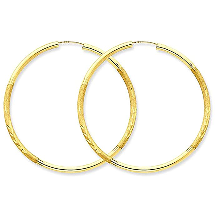 Large 14k Yellow Gold Satin & Diamond Cut Continuous Endless Hoop Earrings, 1.75 In (40mm) (2mm Tube)