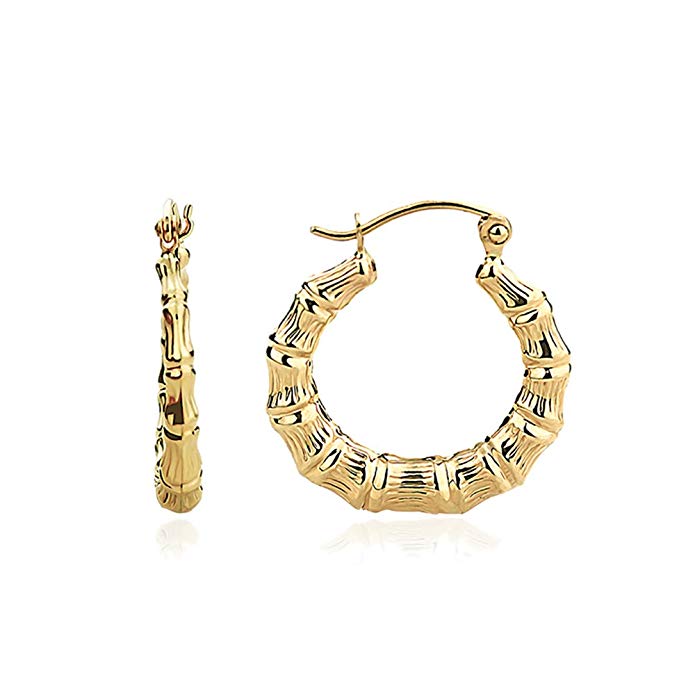 14K Yellow Gold Hollow Plain Gold Bamboo Hoop Earring - Other Sizes