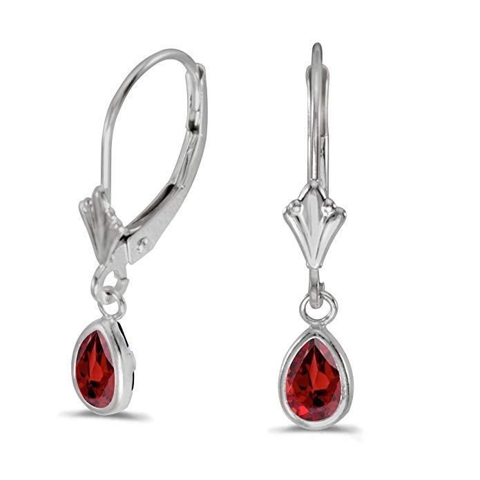 14K White Gold Pear Garnet Bezel Lever-back Earrings