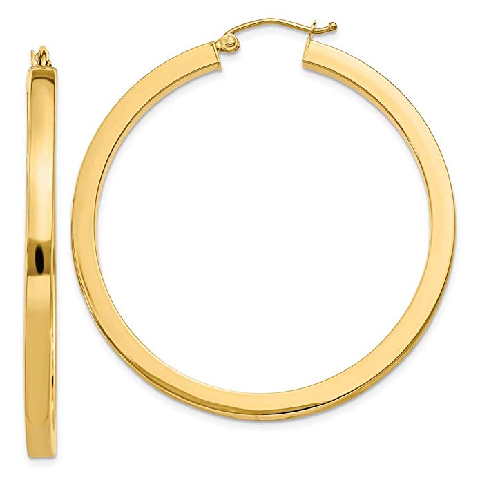 14k Yellow Gold 3mm Polished Square Hoop Earrings. 45mm Diameter.