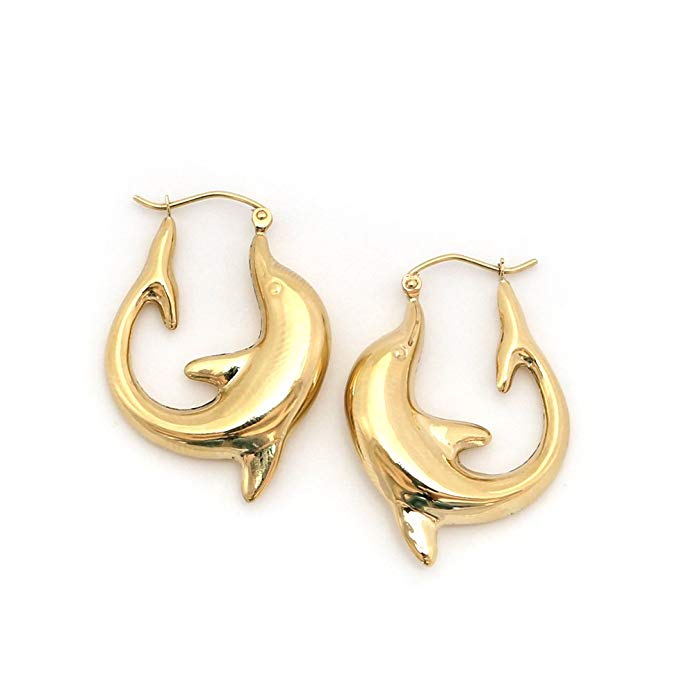 14k Yellow Gold 5mm Large Dolphin Hoop Earrings, 1.3