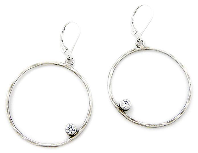 American Made Hammered Sterling Silver Hoop Earrings with Cubic Zirconia, 1.25