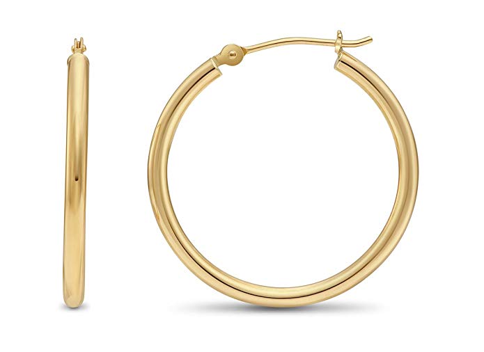 14k Yellow Gold Classic Shiny Polished Round Hoop Earrings, 2mm tube