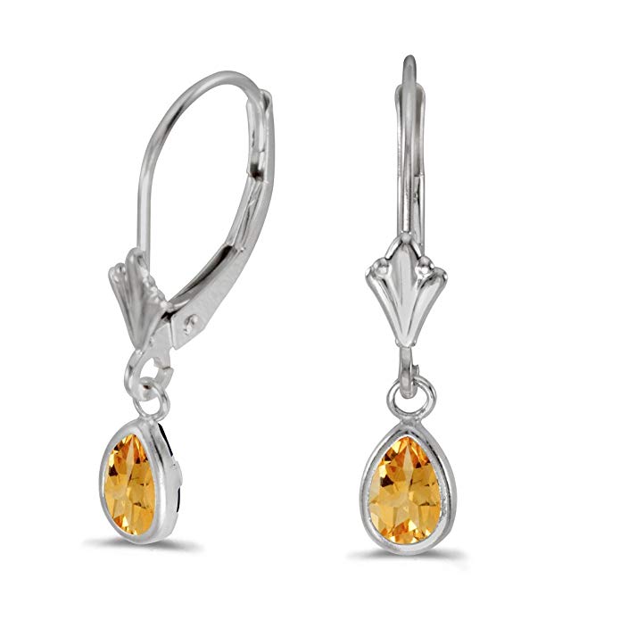 14K White Gold Pear Citrine Bezel Lever-back Earrings