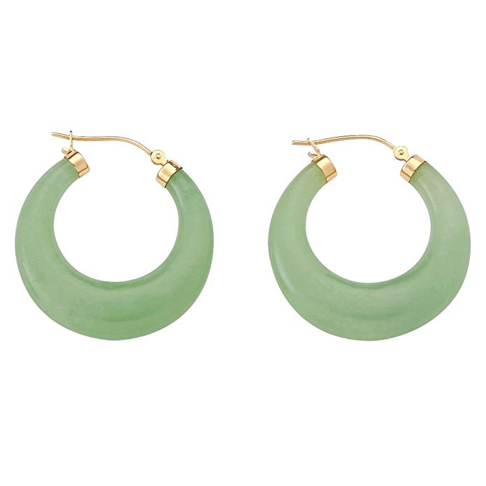 14K Yellow Gold Hoop Earrings (31mm) Round Genuine Green Jade