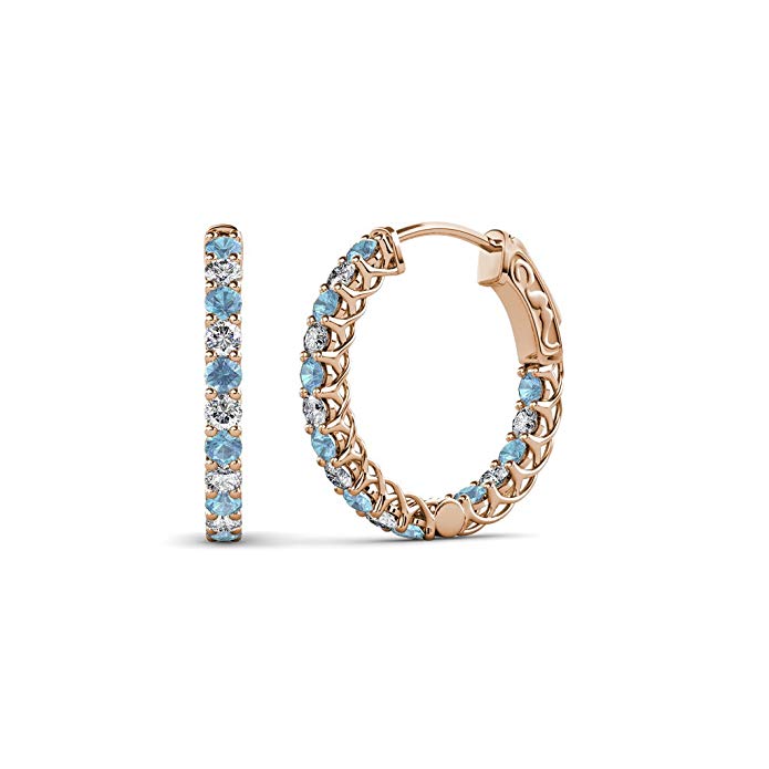 TriJewels Aquamarine and Diamond (SI2-I1,G-H) Inside-Out Hoop Earrings 0.75 ctw in 14K Gold