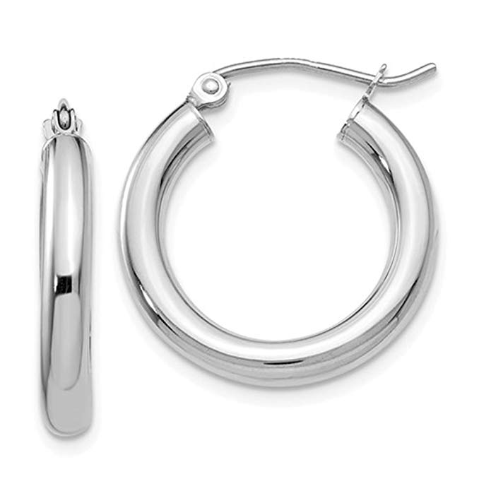 Medium 14k White Gold Hoop Earrings with Click-down Clasp.75 in (20mm) (3mm Tube)