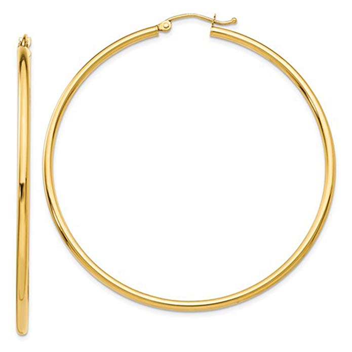 14K Yellow Gold Tube Hoop Earrings with Click-Down Clasp, (2mm Tube)