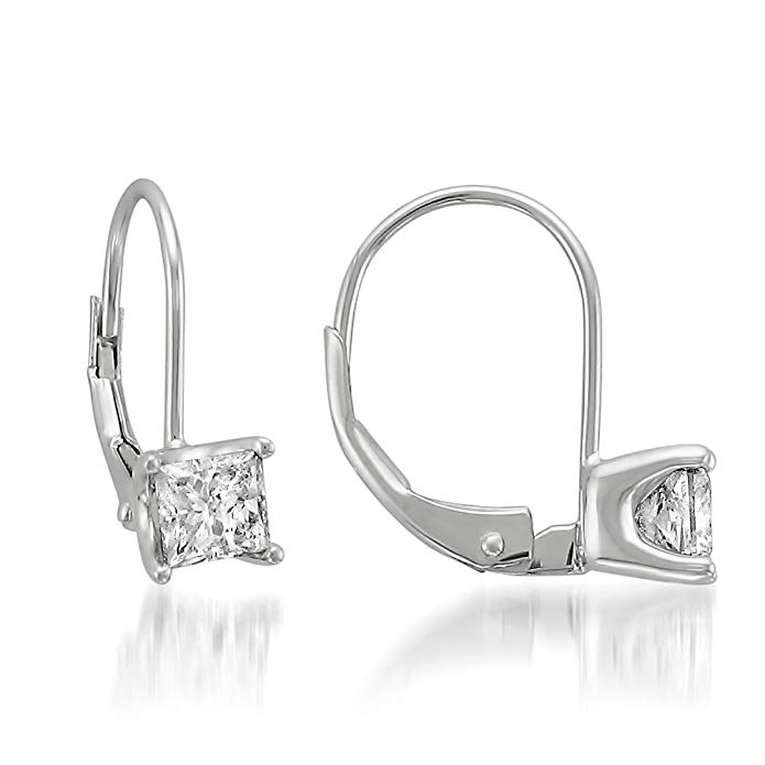 14k White Gold Princess-cut Solitaire Diamond Leverback Hoop Earrings (1 cttw, I-J, I1-I2)