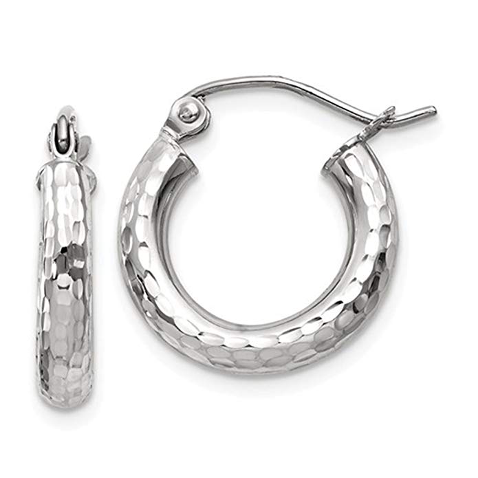 Small 14K White Gold Diamond Cut Thick Tube Hoop Earrings, (3mm Tube)