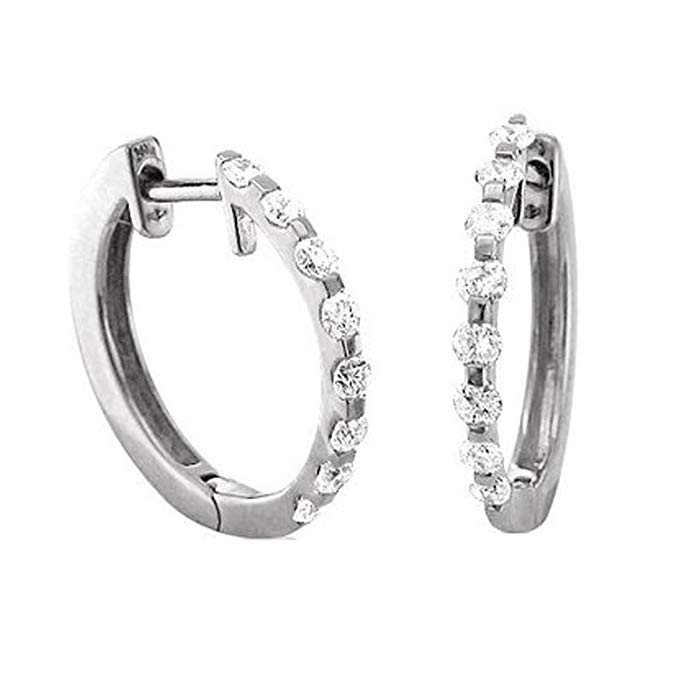 14k White Gold Circle Hoop Huggies Diamond Earrings (0.45 Carat)