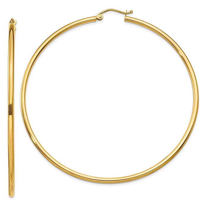 14k Yellow Gold 2mm Lightweight Tube Hoop Earrings (2.5IN Long)