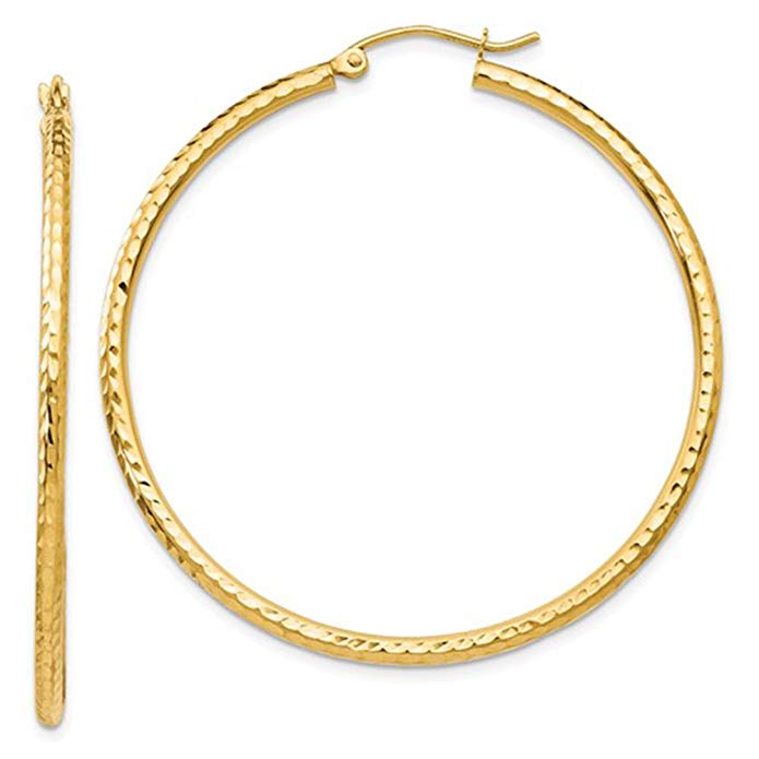 Large 14K Yellow Gold Diamond Cut Hoop Earrings, (2mm Tube)