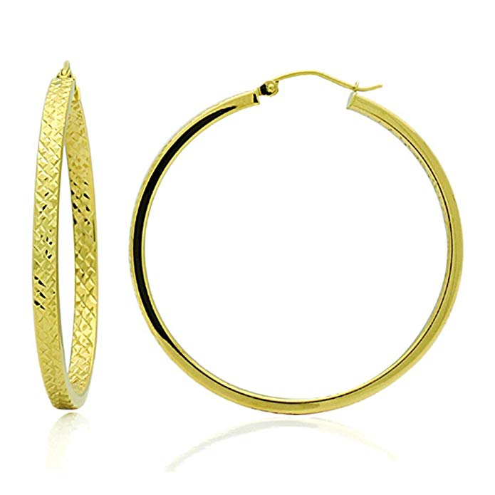 14K Yellow Gold 3mm width DC Gold Fancy Round Tube Hoop Earrings (Other Sizes)