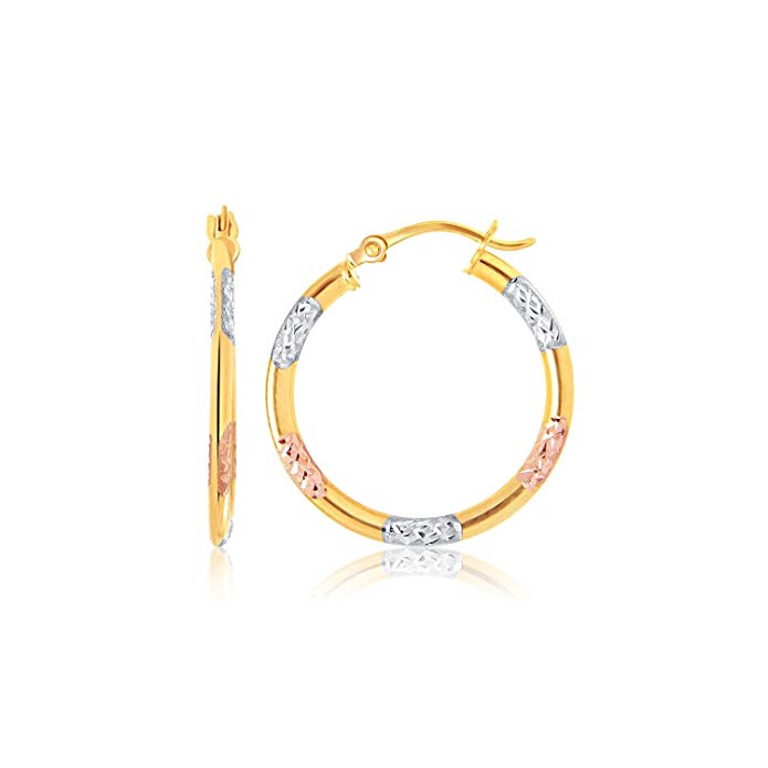 Mia Diamonds 14k Tri-Color Gold Classic Hoop Earrings with Diamond Cut Details