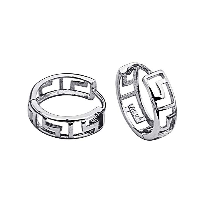 14k White Gold 4mm Thickness Greek Key Huggie Earrings (12 x 12 mm)