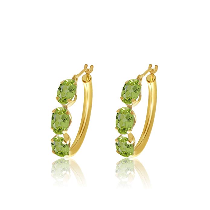 10k Yellow Gold 6x4 Oval Shape Natural Peridot 3-Stone Hoop Earrings