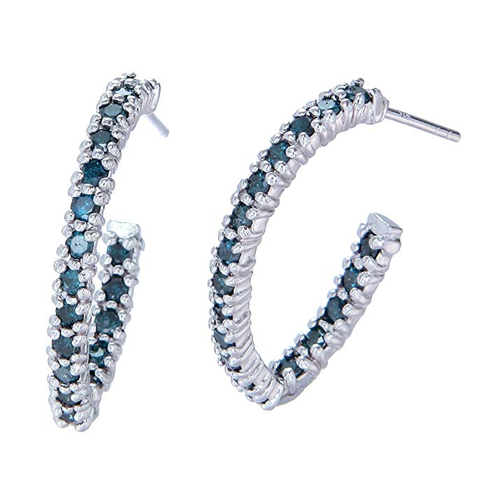 Sterling Silver Blue Diamond Hoop Earrings (1 cttw)